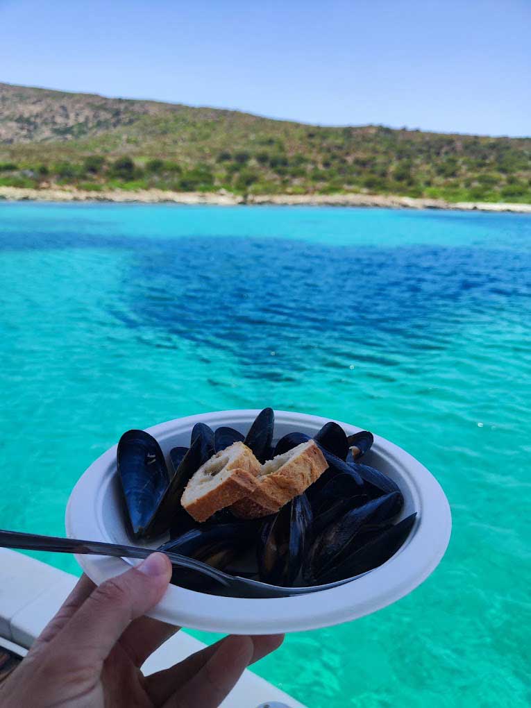 Fresh mussels served on board overlooking the sea